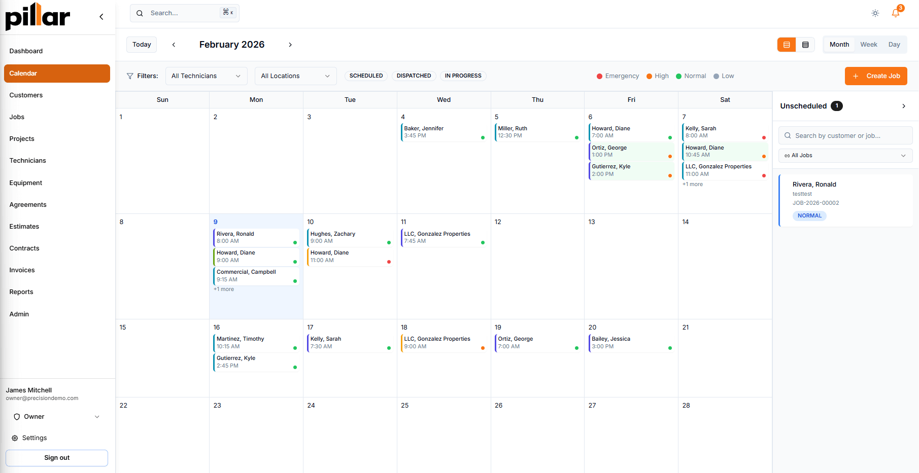 Pillar calendar in month view showing color-coded jobs assigned across technicians